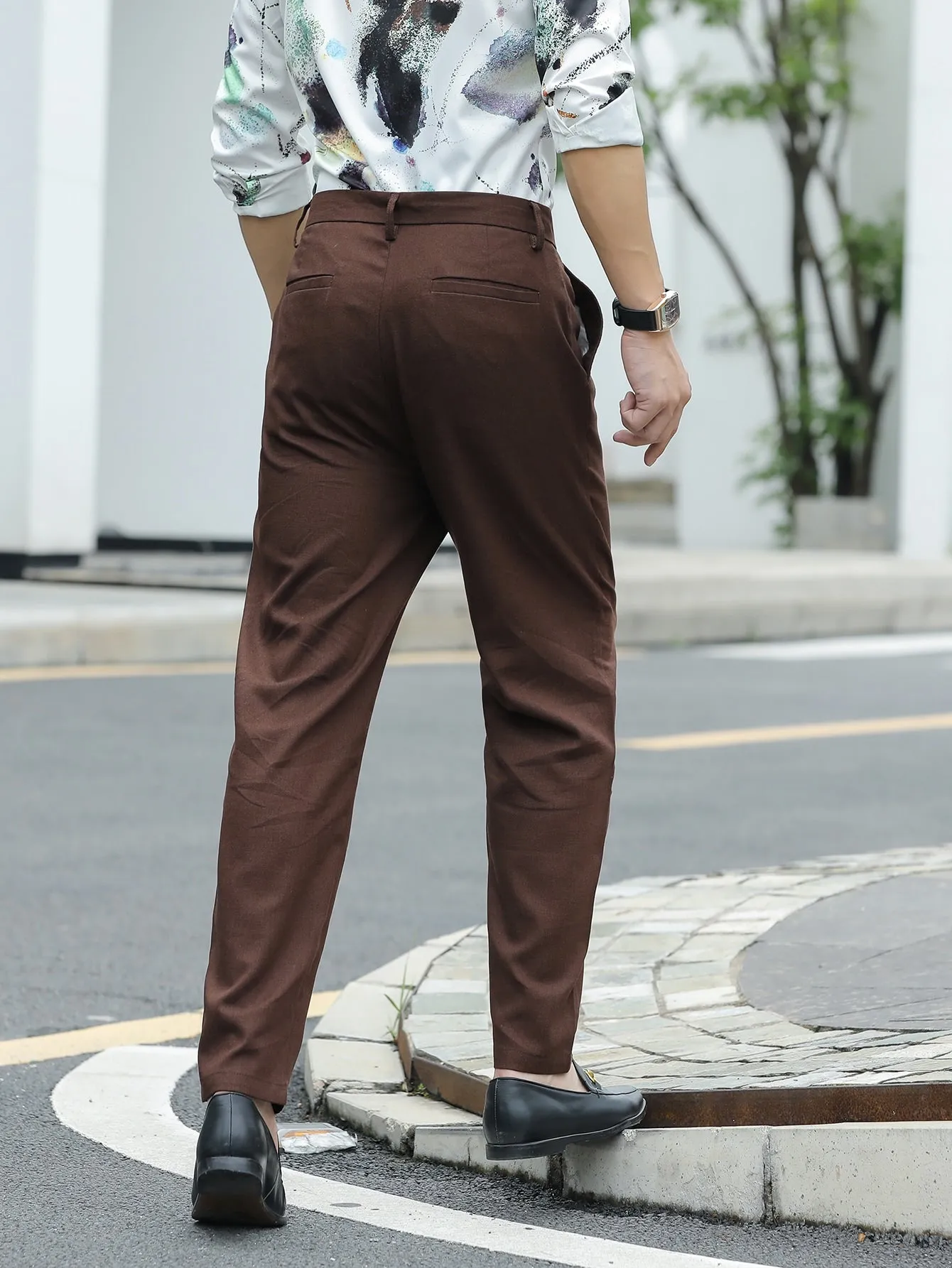 Solid Slant Pockets Zipper Fly Tailored Linen Trousers