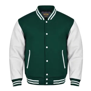 Spine Spark Forest Green Wool Varsity Jacket White Leather Sleeves