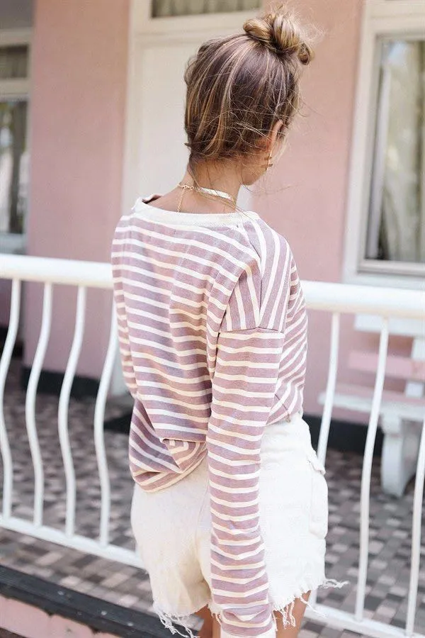 Stripe Scoop Loose Long Sleeves T-shirt