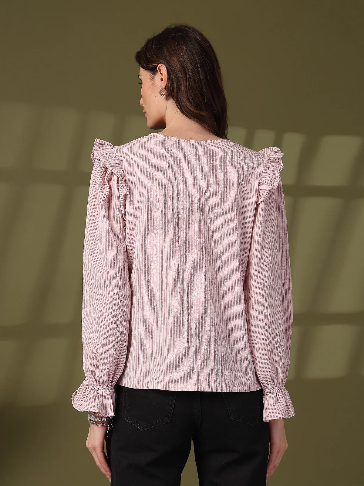Striped Puff Sleeve Ruffles Top