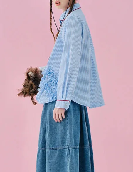 Striped Ruffle Patchwork Long Sleeved Shirt