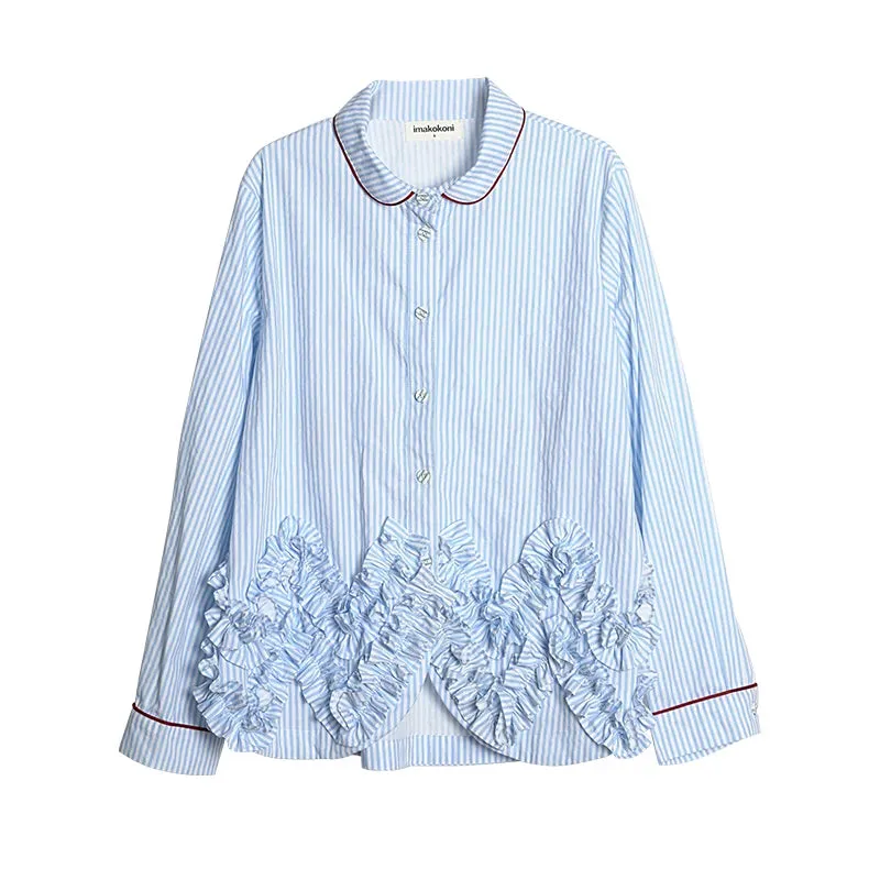 Striped Ruffle Patchwork Long Sleeved Shirt