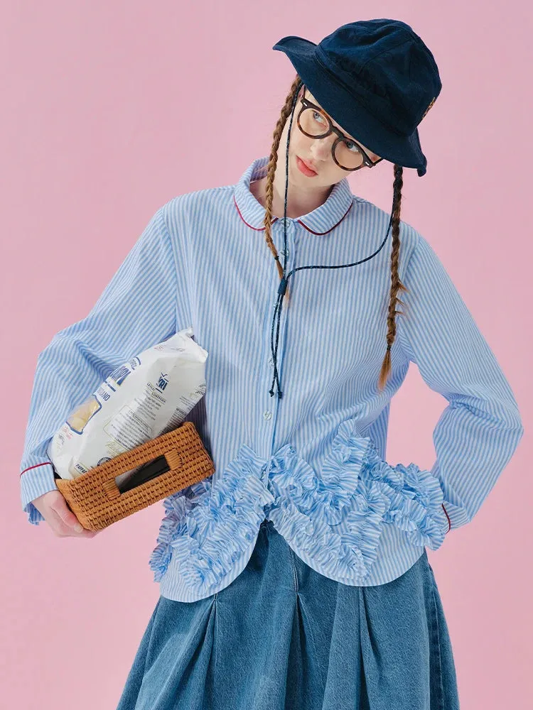 Striped Ruffle Patchwork Long Sleeved Shirt
