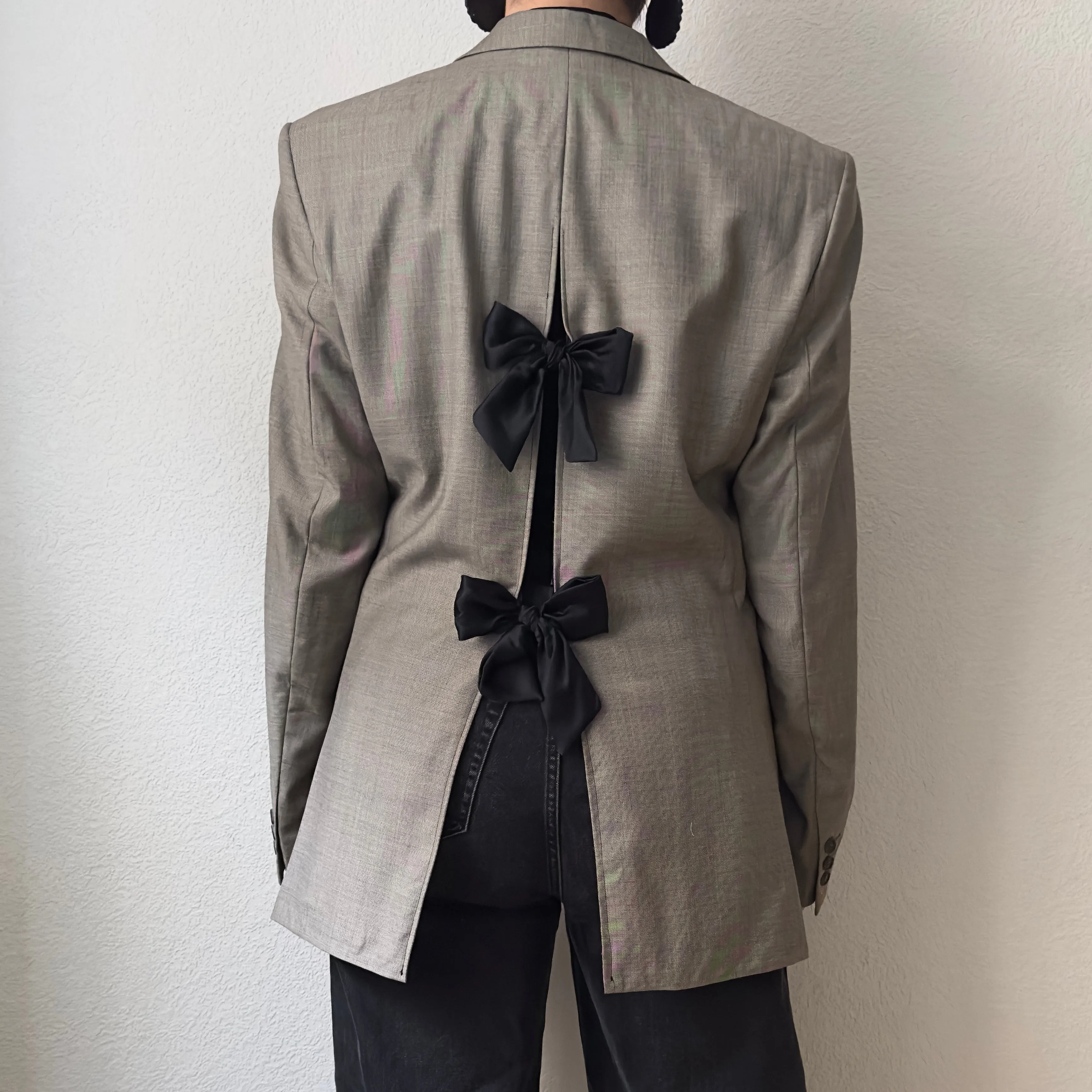 Upcycled Bow Blazer Gray/Black, Wool size M