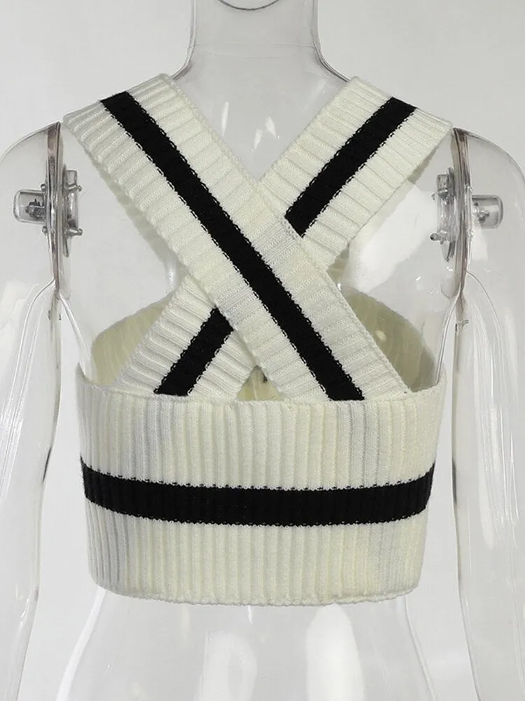 V Neck Sleeveless Beige and Black Color Block Knit Top
