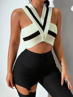 V Neck Sleeveless Beige and Black Color Block Knit Top