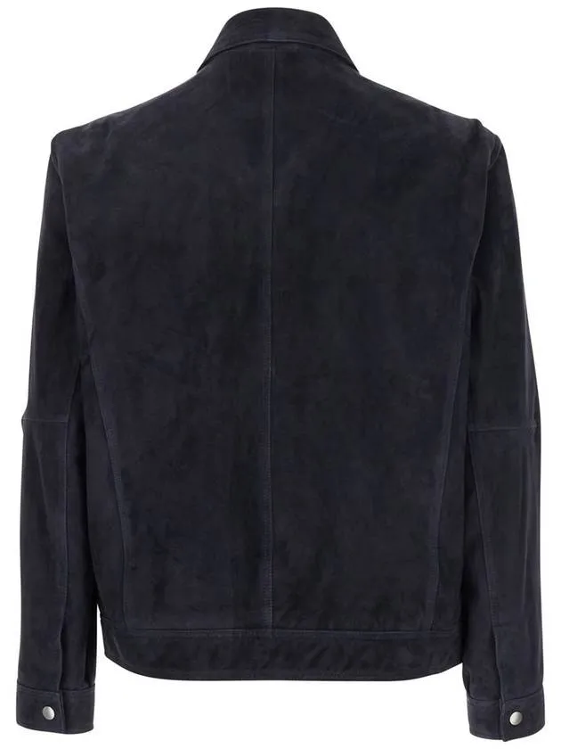 'Wani' Blue Jacket With Classic Collar In Suede Man