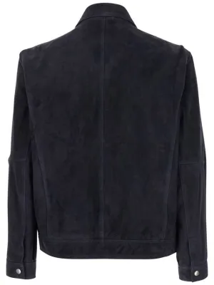 'Wani' Blue Jacket With Classic Collar In Suede Man