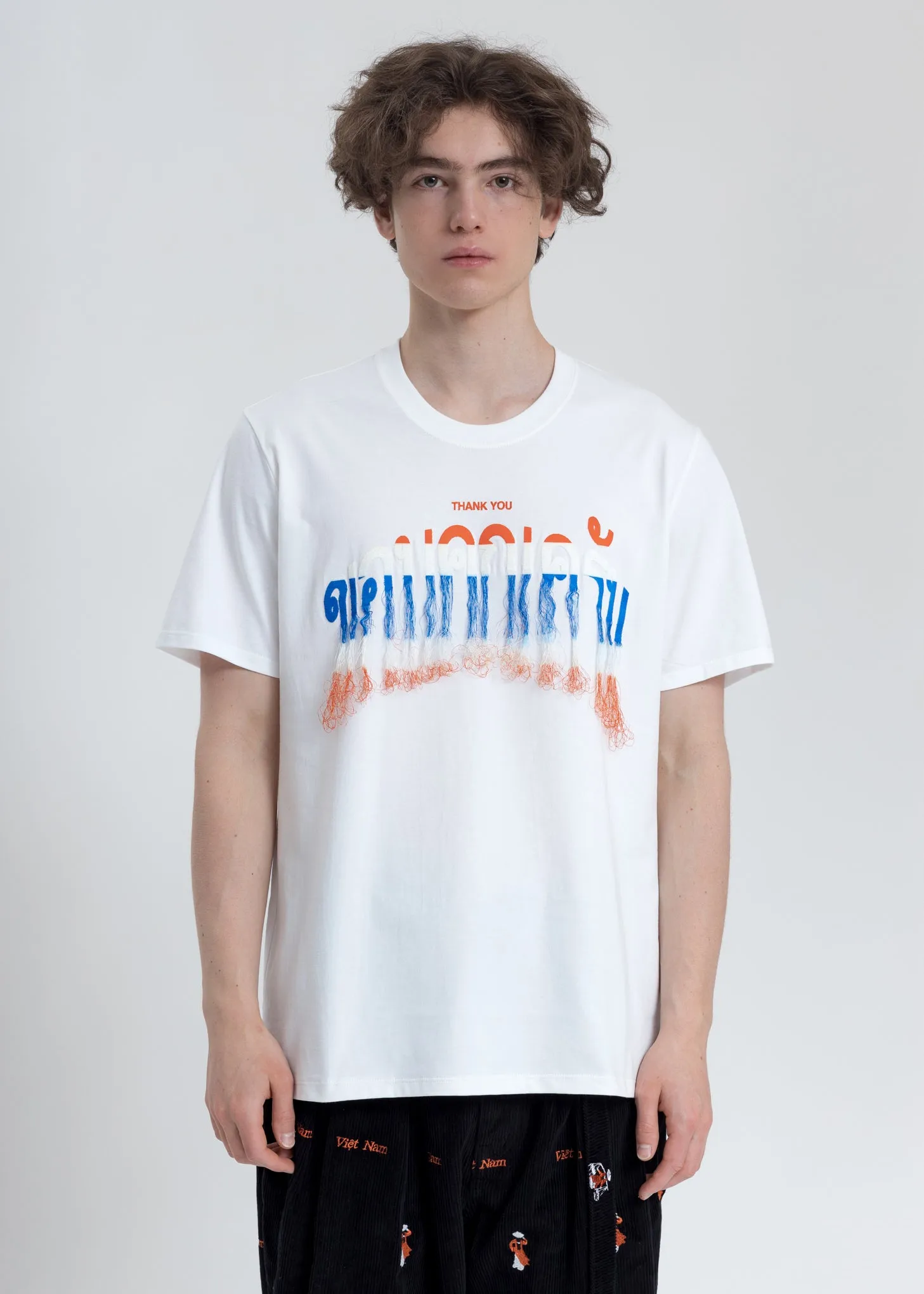White Thank You Fringe Embroidery T-Shirt