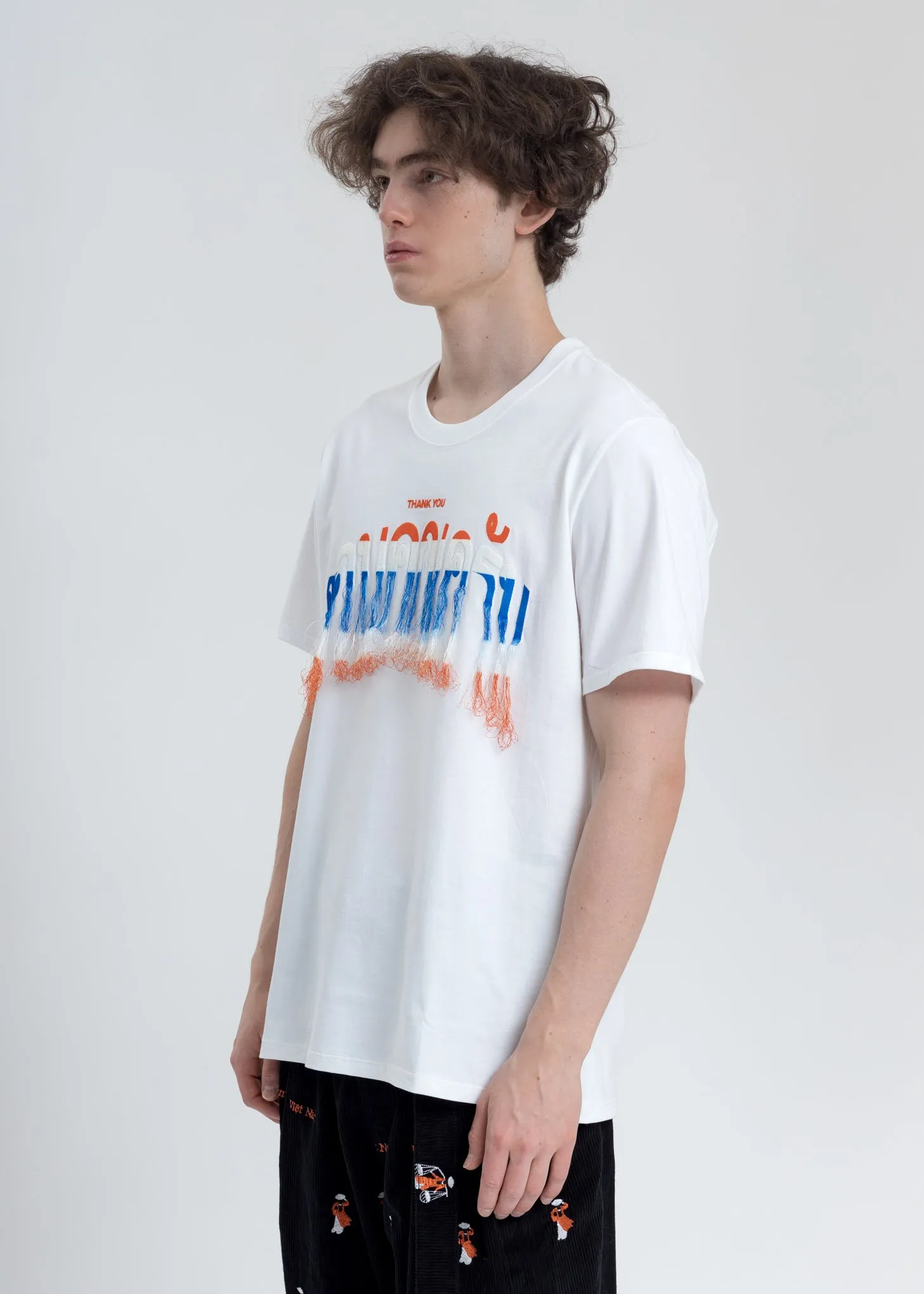 White Thank You Fringe Embroidery T-Shirt
