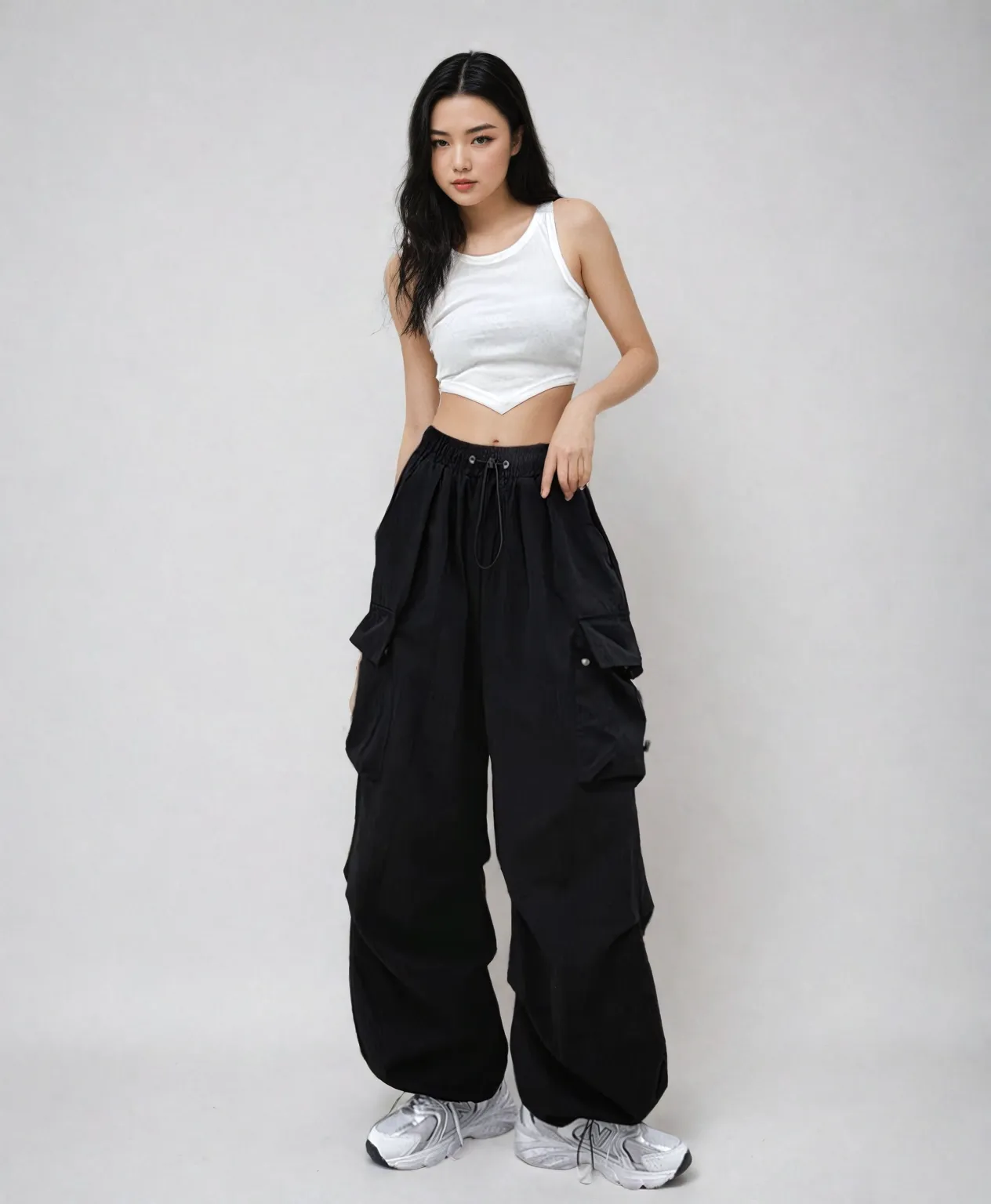 Wide Leg Drawstring Cuff Cargo Pants