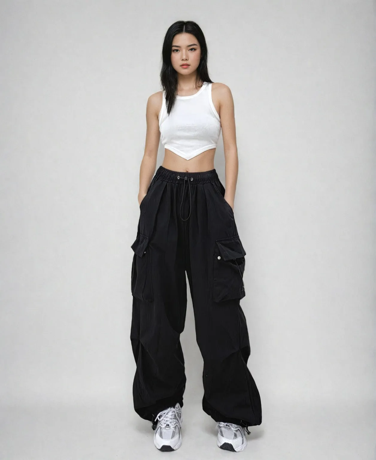 Wide Leg Drawstring Cuff Cargo Pants