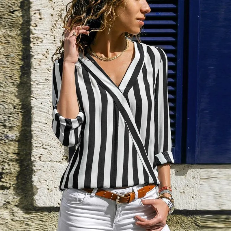Women Striped Blouse Shirt Long Sleeve V-neck Shirts Casual Tops Blouse