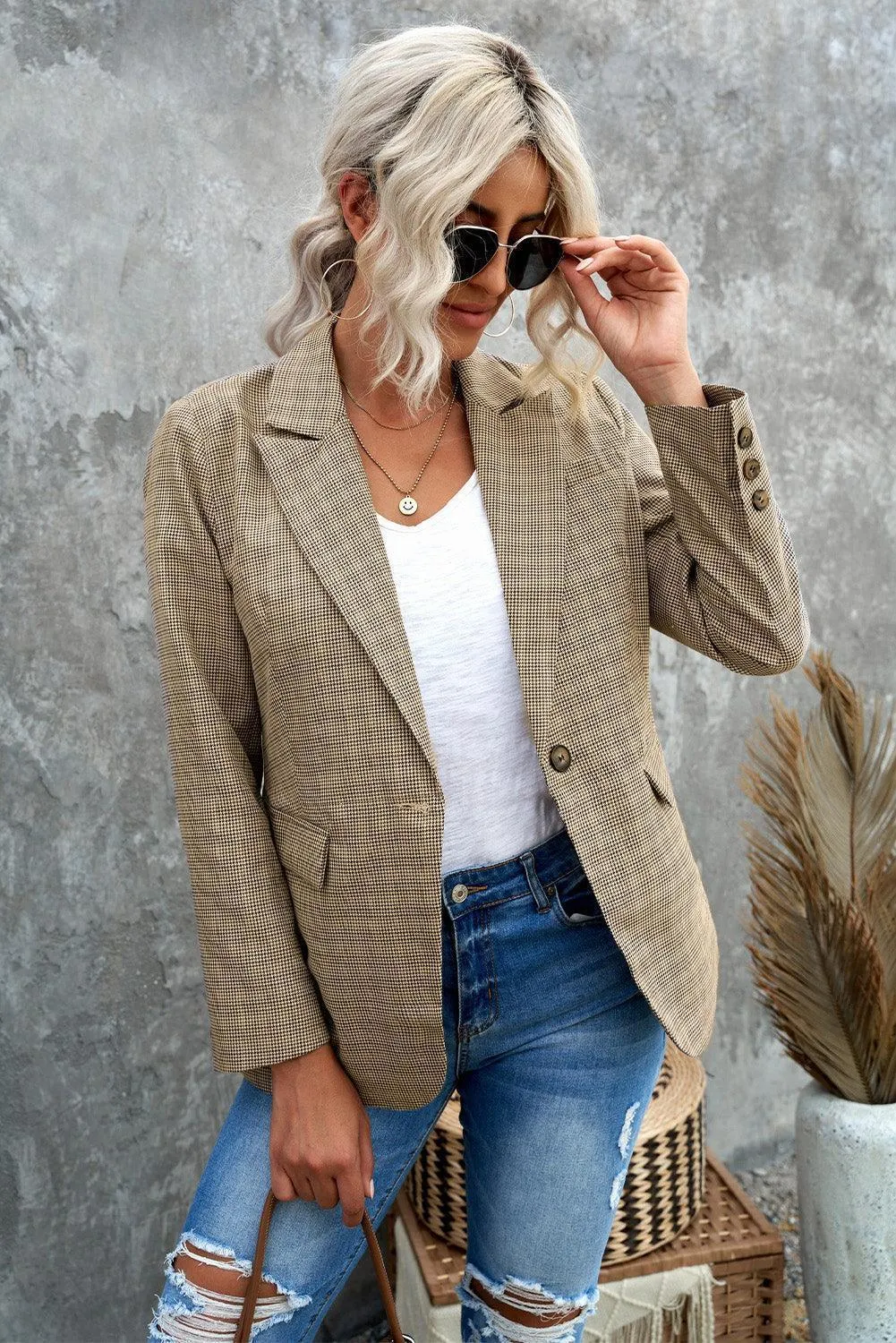 Women's Plaid Lapel Collar One Button Blazer