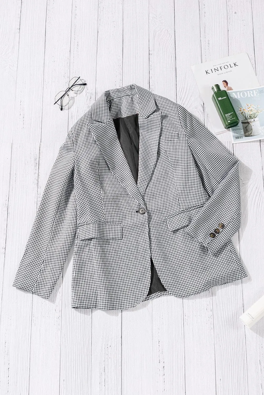 Women's Plaid Lapel Collar One Button Blazer