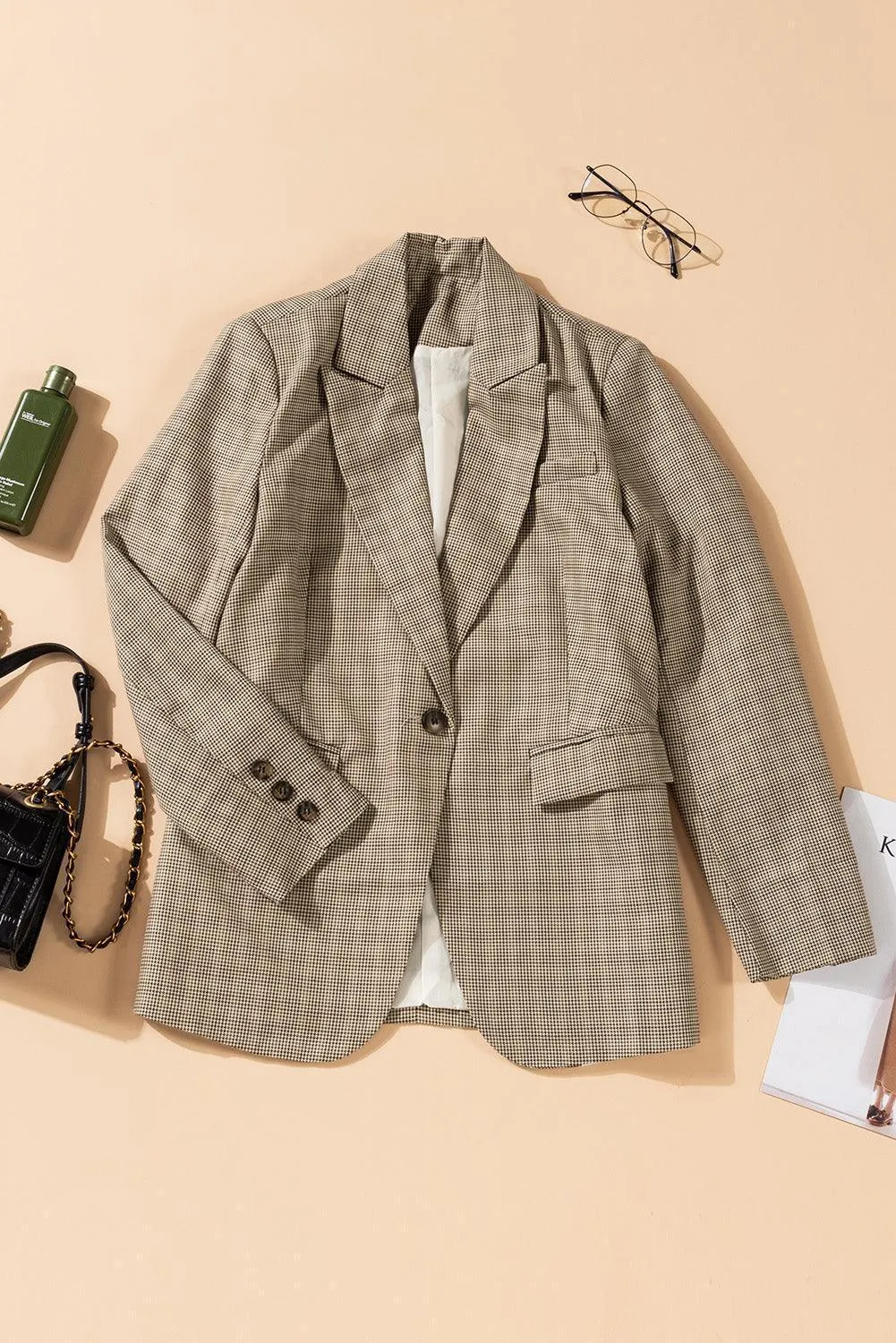 Women's Plaid Lapel Collar One Button Blazer