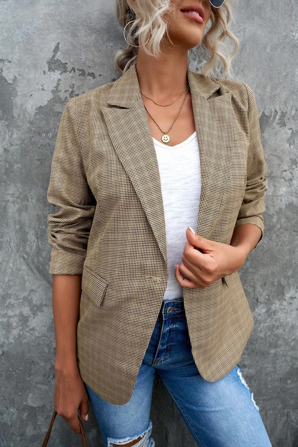 Women's Plaid Lapel Collar One Button Blazer