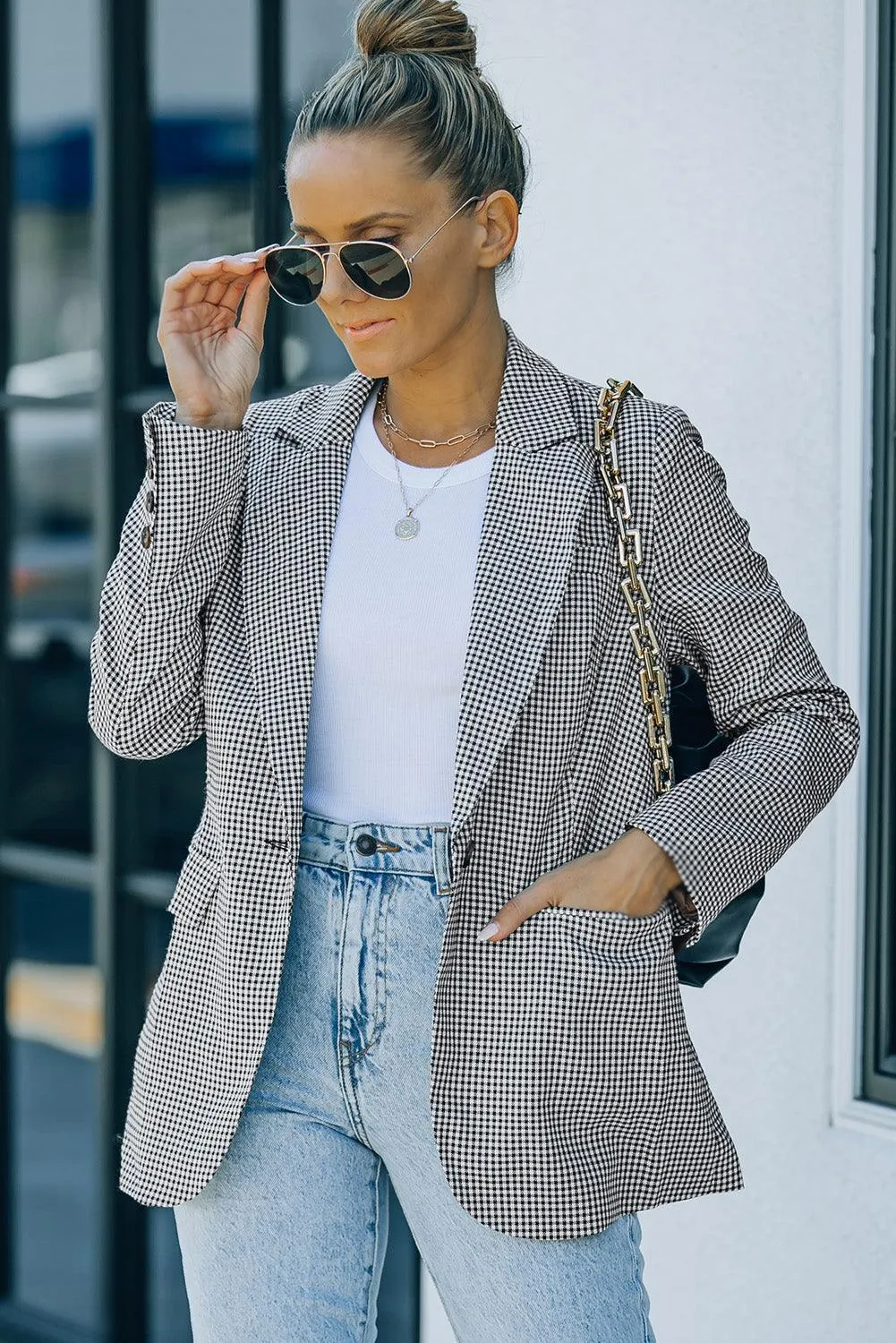 Women's Plaid Lapel Collar One Button Blazer