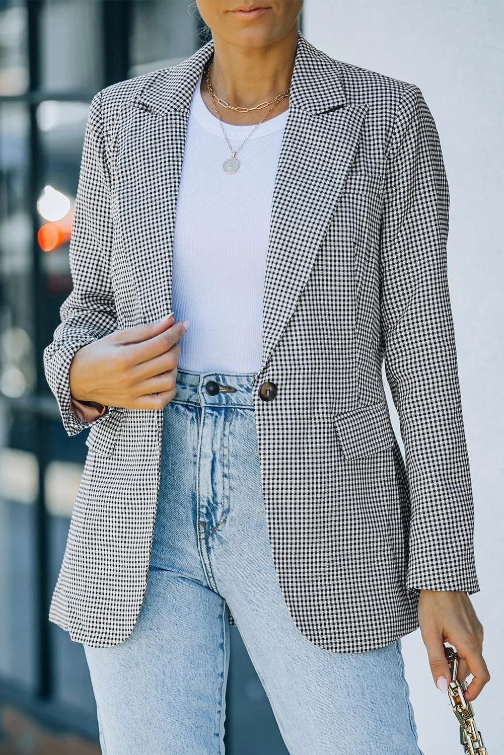 Women's Plaid Lapel Collar One Button Blazer